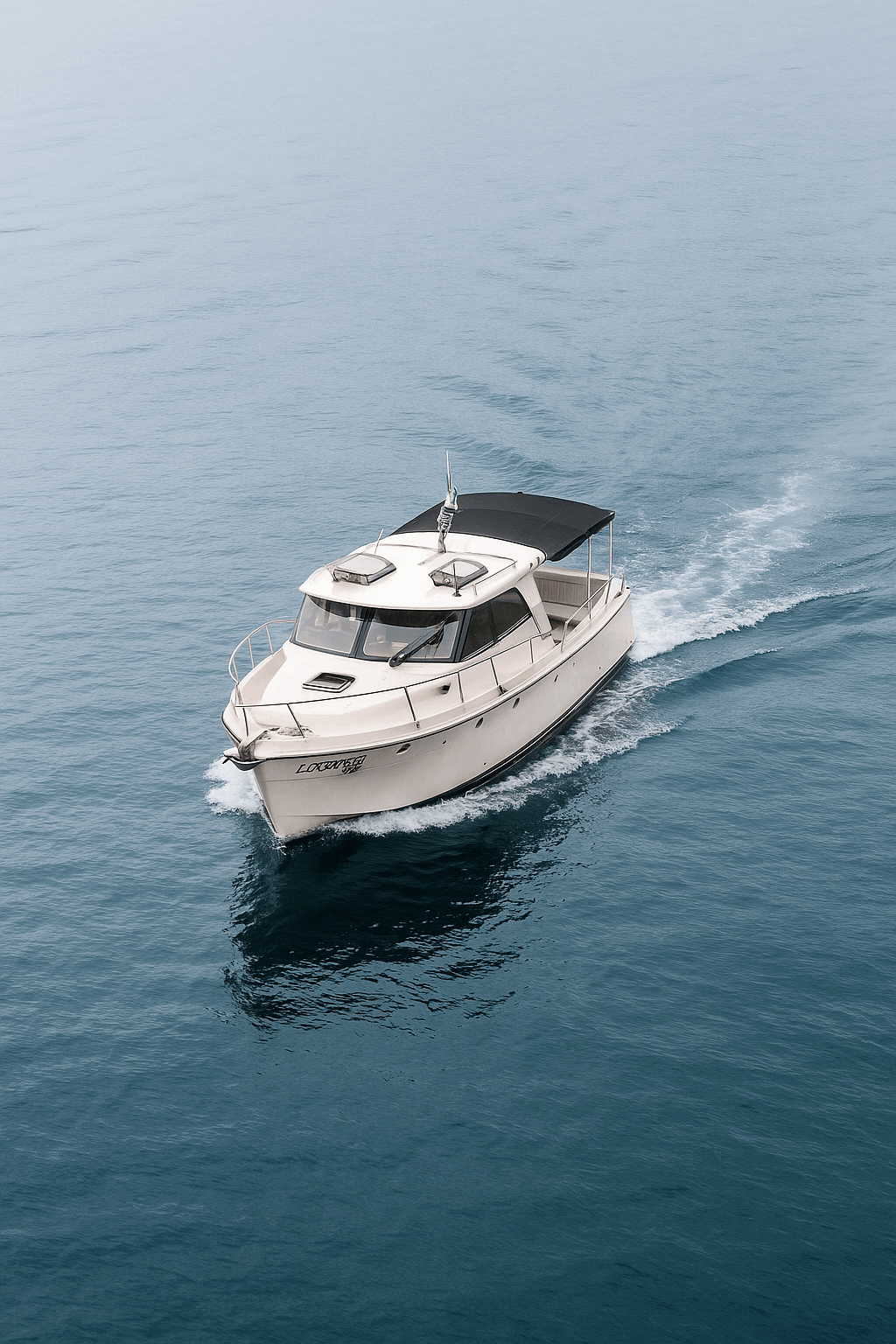 Lobster 400 yacht aerial view cruising at speed with wake behind