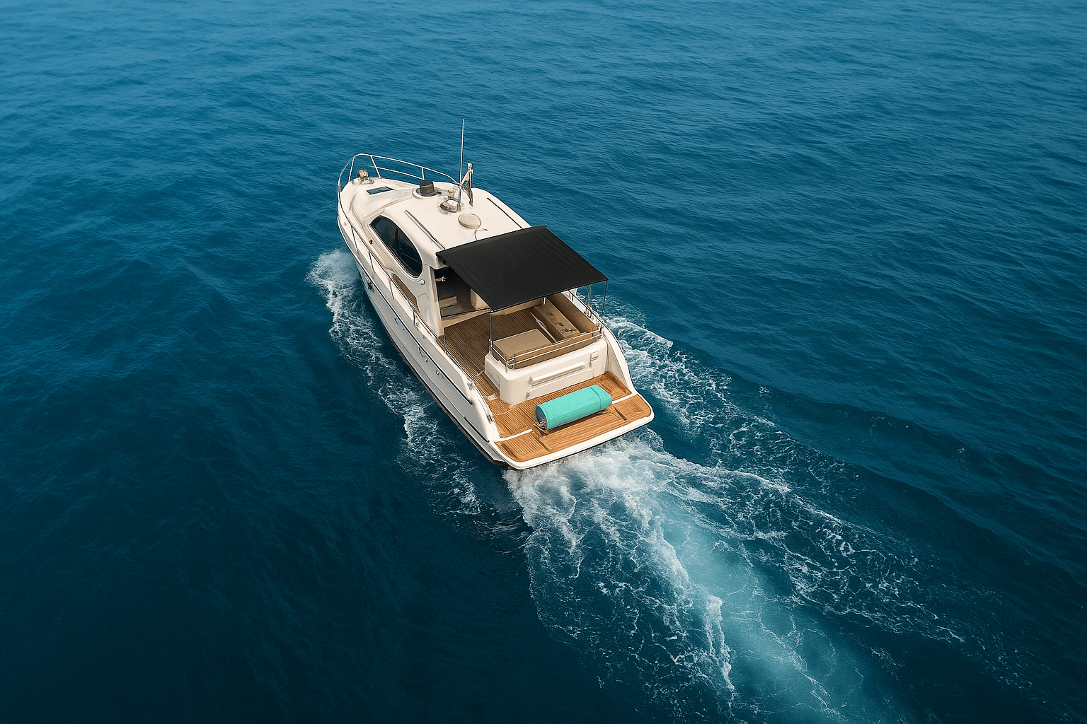 Lobster 400 yacht aerial rear view showing deck with turquoise floating mat