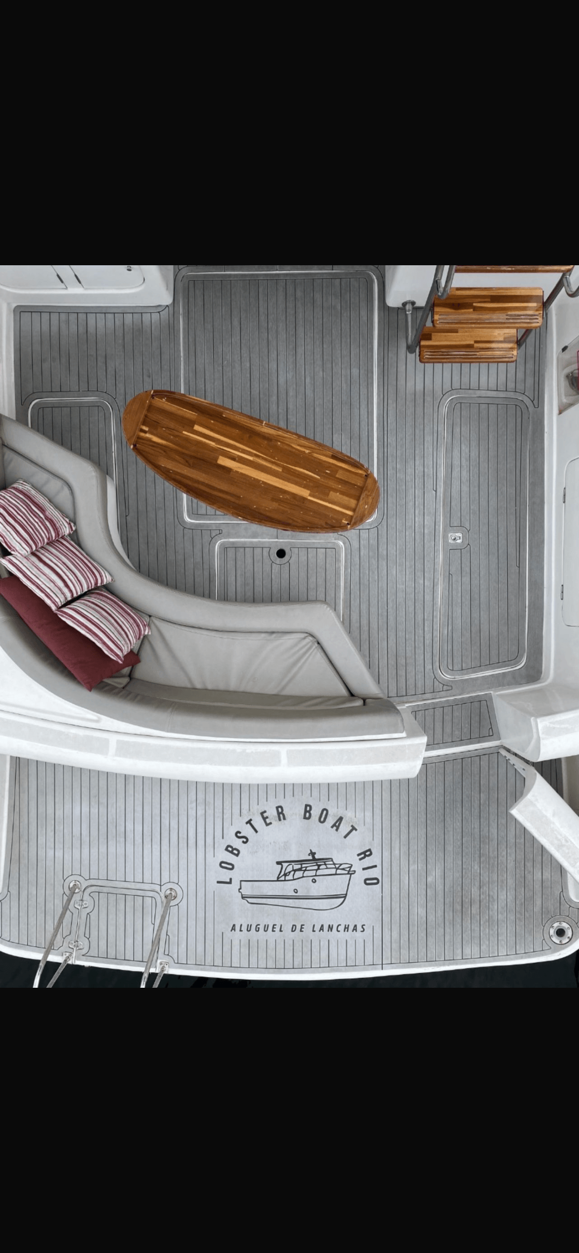 Intermares 47 deck area with seating and Lobster Boat Rio logo