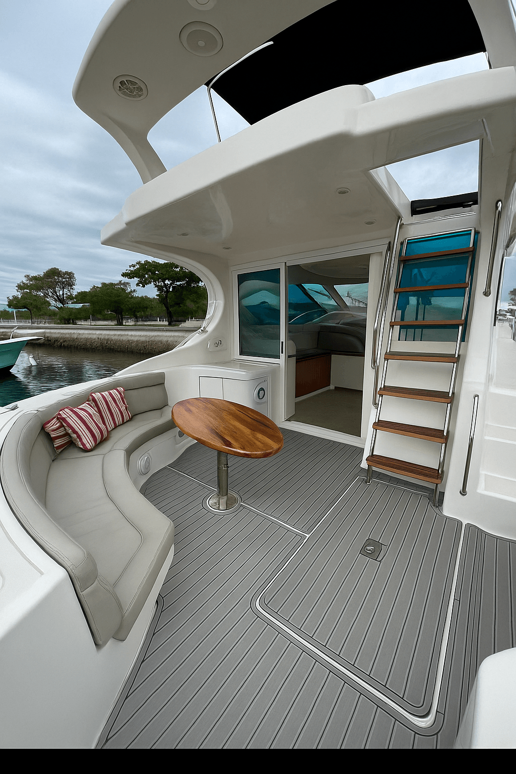 Intermares 47 interior deck area with curved seating, wooden table, and stairs to upper deck