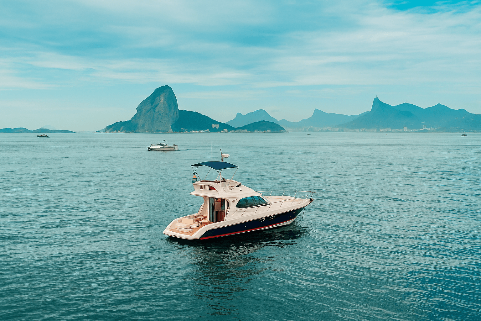 Intermares 47 yacht cruising in Rio de Janeiro bay with Sugarloaf Mountain in the background