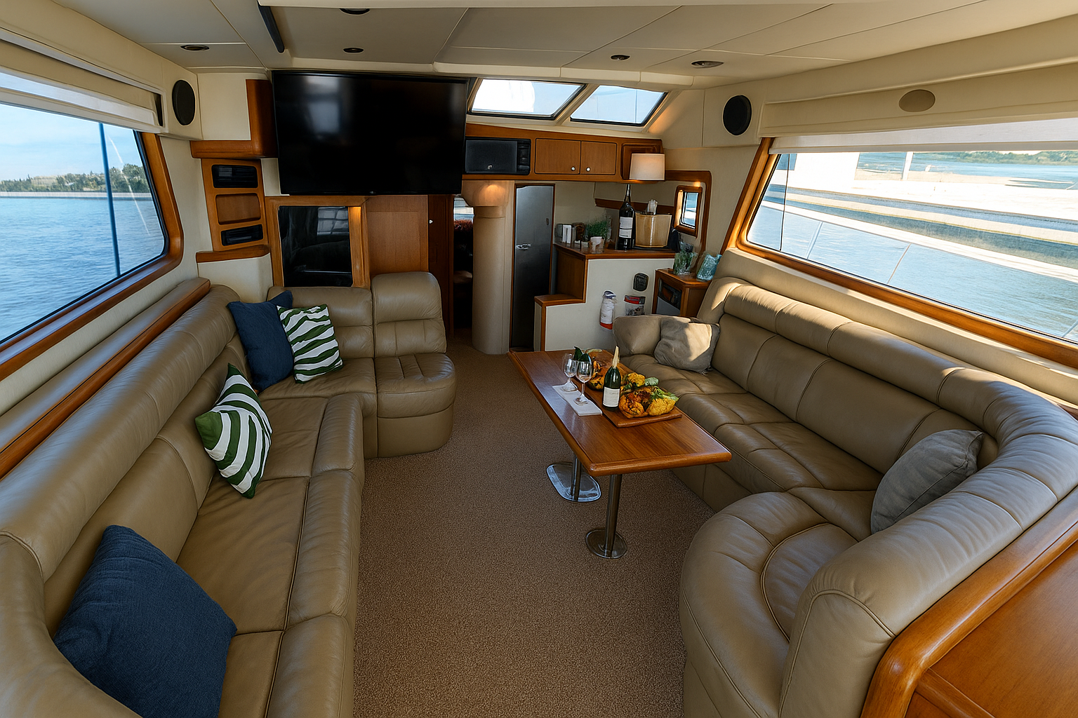Aquarius 60 interior salon with beige leather seating, wooden cabinetry, and panoramic windows