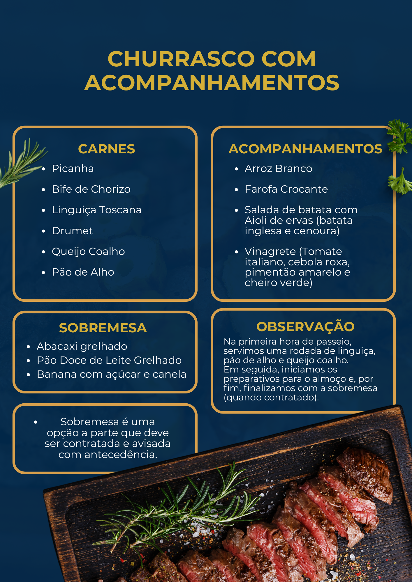 Cardápio do churrasco com acompanhamentos: carnes, acompanhamentos, sobremesa e observações