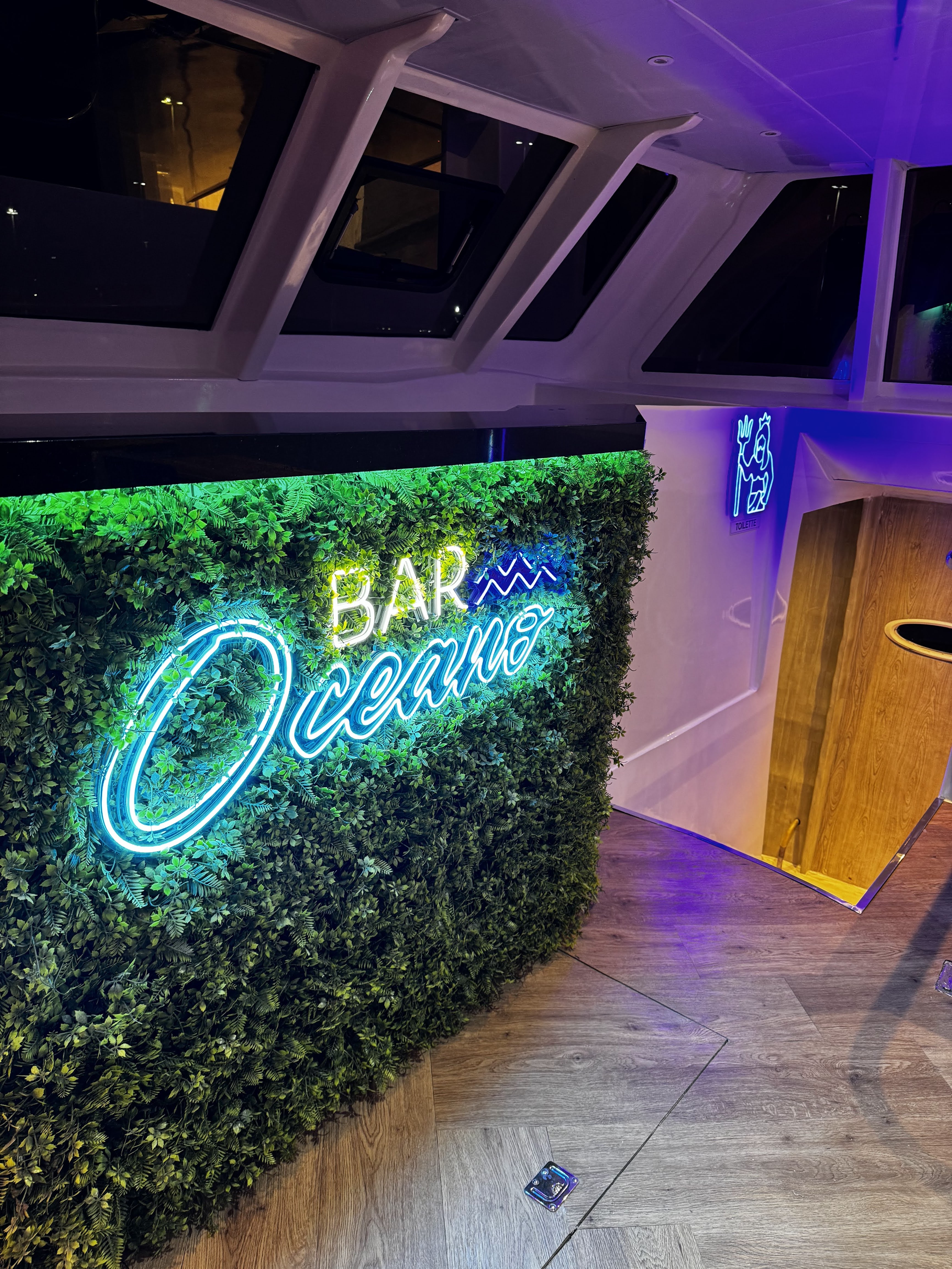Bar Oceano neon sign on green plant wall inside the boat